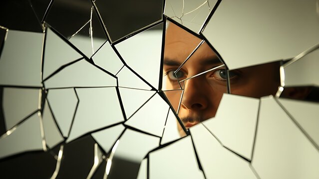 shard. Shattered mirror pieces reflecting fragmented and distorted images. wellbeing guides, coaching materials, designed for mental health education and mindfulness programs.