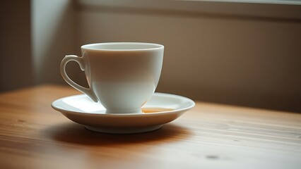 Obraz premium porcelain. A porcelain teacup and saucer on a wooden surface with a small spill of tea. bar promotions, beverage menus, designed for food & beverage menus and cafe branding, inspires menu design.