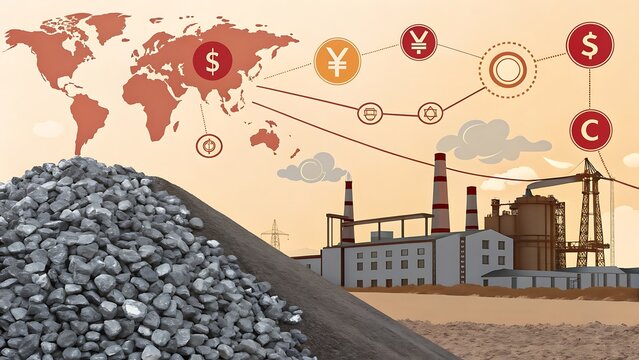 Pile of rocks with factory and world map depicting global trade and currency exchange connections