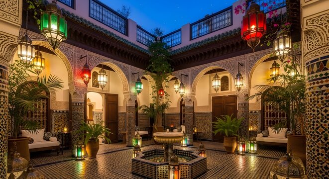 Courtyard of a riad in marrakech with colorful lanterns at night