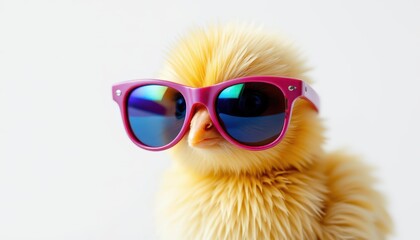 Cute Yellow Chick Wearing Stylish Pink Sunglasses Against White Background