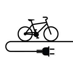 Electric bicycle icon connected to power outlet symbol