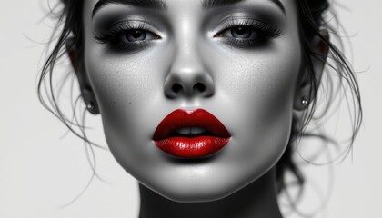 Fototapeta premium Black and White Portrait of Woman with Bold Red Lips and Glamour