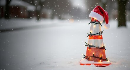 Christmas traffic cone decorated with lights and Santa hat in snow  
