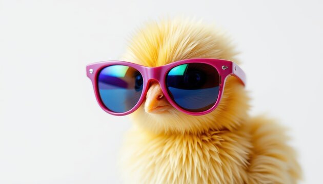 Cute Yellow Chick Wearing Stylish Pink Sunglasses Against White Background