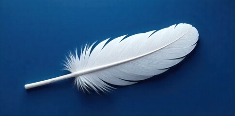 A single, clean white goose feather gently falling against a deep sapphire blue background, evoking a sense of lightness and grace. A single, pure white goose feather captured mid descent against a