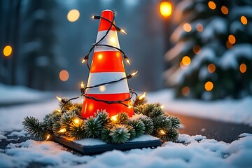 Traffic cone decorated with Christmas lights in snowy environment  