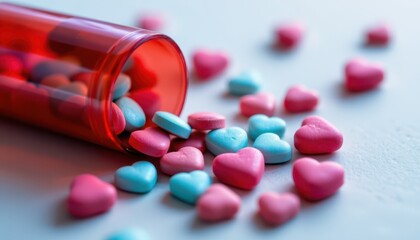 Colorful Heart-Shaped Candy Spilling from Red Container on Table