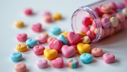 Colorful Heart-Shaped Candy and Pills Spilled from a Container