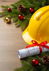 Yellow hard hat and rolled blueprints with Christmas decorations  