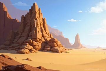 Sun drenched desert landscape with dramatic rock formations casting long shadows A sun drenched desert landscape featuring dramatic, sculpted rock formations. Long, distinct shadows are cast by the