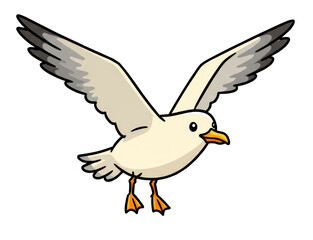 Obraz premium Cute cartoon seagull flying with wings spread. Funny white bird character for children book illustration or marine design. Isolated flying bird on transparent background.