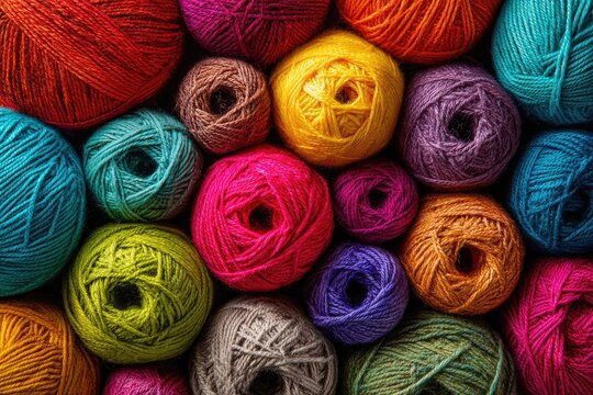 A vibrant, overhead shot showcases multiple, colorful balls of yarn tightly packed together
