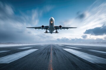 Obraz premium Aircraft taking flight from a snow-covered runway into a cloudy, blue sky