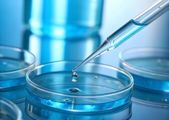 Close-up image of a laboratory pipette dispensing a drop of liquid into a glass petri dish. The scene is illuminated with cool blue tones, creating a clean, scientific atmosphere. Reflections.