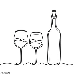 Minimalist single line drawing of wine bottle and two glasses