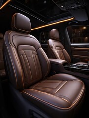 luxurious interior of modern vehicle featuring two elegant leather seats and ambient lighting in upscale design