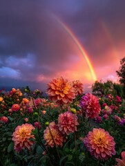 field of dahlia flower at sunset with a rainbow in the sky