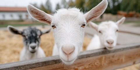 Three goats are standing in a pen