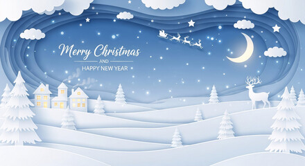 Winter Christmas Landscape Paper Cut Art with Snow, Moon, Stars, Reindeer, and Village
