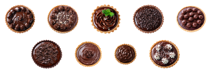 Aerial view of delicious chocolate tart cake isolated.