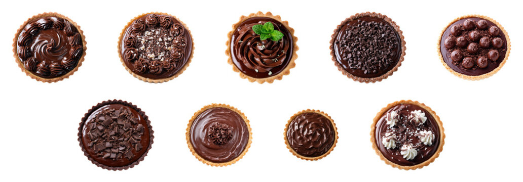 Aerial view of delicious chocolate tart cake isolated.