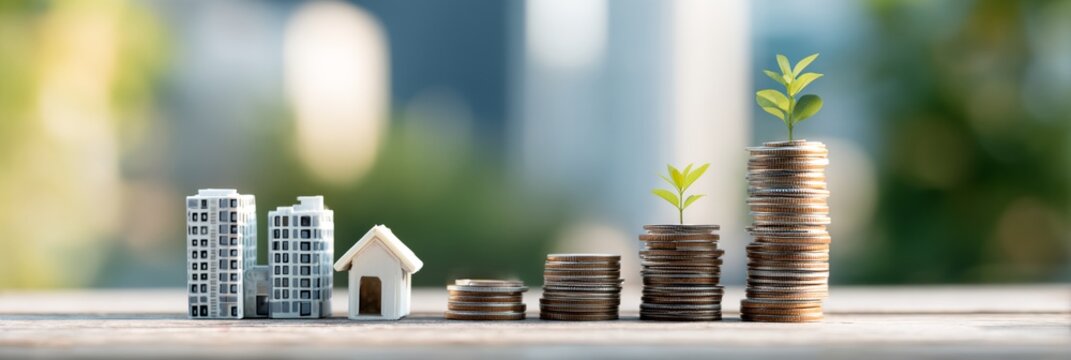 Stack of coins and a house model are on a table