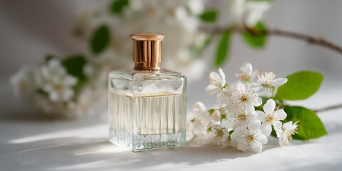 Bottle of perfume is on a table next to some flowers