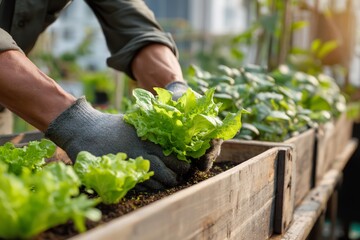 Person is planting lettuce in a garden