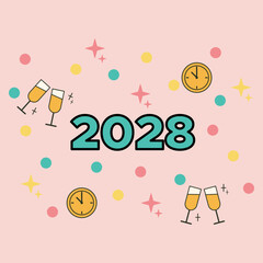 Festive 2028 typography design with cheerful colors, sparkling elements and celebration icons in flat style