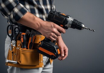 Carpenter holding cordless drill with tool belt in workshop