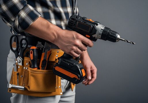 Carpenter holding cordless drill with tool belt in workshop