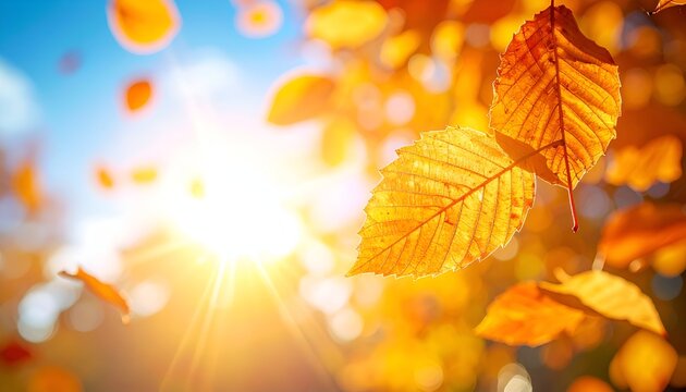 Bright, sunlit close-up of golden autumn leaves floating with blue sky in background - Powered by Adobe