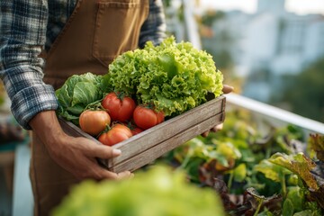 Fototapeta premium Man is holding a basket of vegetables including tomatoes and lettuce