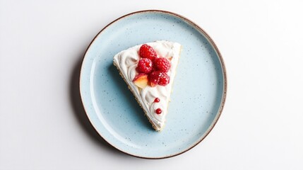 Raspberry cake slice on blue plate, white surface, delicious dessert for food blog