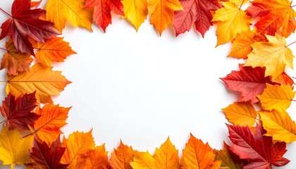 Colorful autumn leaves forming a border around white space. Top-down view