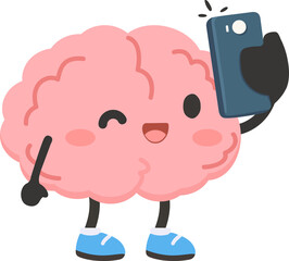 Cartoon Brain Taking Selfie with Smartphone flat