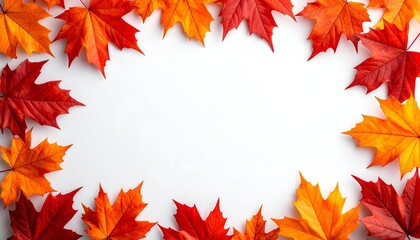 A bright white space framed by colorful fall maple leaves in shades of red, orange, and yellow