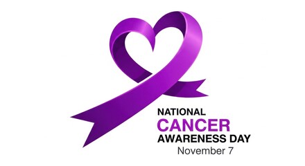 A purple ribbon elegantly shaped into a heart, symbolizing national cancer awareness day on november 7th, promoting support and hope for patients