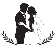 Silhouette of a bride and groom embracing, framed by a laurel wreath, symbolizing love and marriage