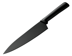 A sleek, matte black chef's knife, isolated against a deep black background, showcasing its sharp blade
