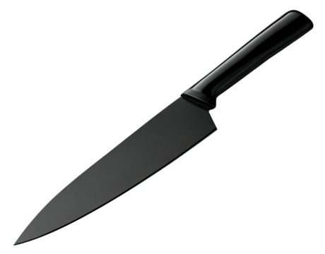 A sleek, matte black chef's knife, isolated against a deep black background, showcasing its sharp blade