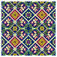 This vibrant floral design features colorful flowers in shades of pink, yellow, and green, arranged within diamond-shaped frames against a deep navy background. The intricate and symmetrical.
