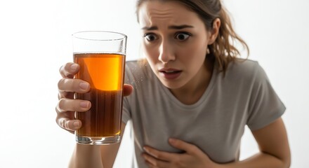 Woman holding drink with concerned expression