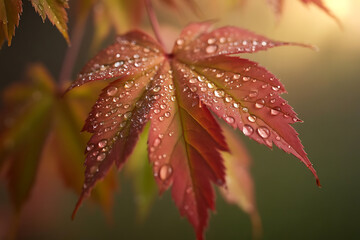 Closeup of a red maple leaf with water droplets after rain, illuminated by soft sunlight, autumn