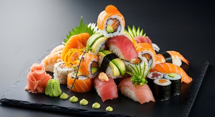 Delicious sushi arrangement with tuna, salmon, avocado and cucumber on plate