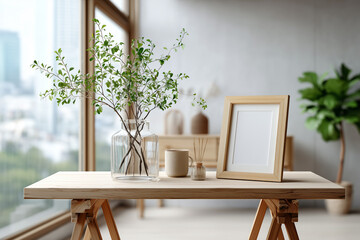 A minimalist interior in soft pastel tones, featuring a single green branch in a glass vase on a light wooden table