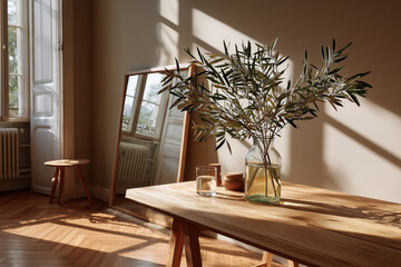 A minimalist interior in soft pastel tones, featuring a single green branch in a glass vase on a light wooden table