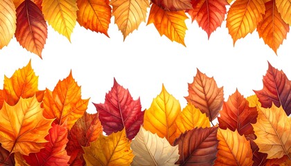 Fototapeta premium Autumn leaves in various shades form a frame against a white backdrop