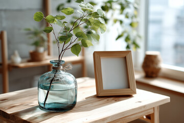 A minimalist interior in soft pastel tones, featuring a single green branch in a glass vase on a light wooden table